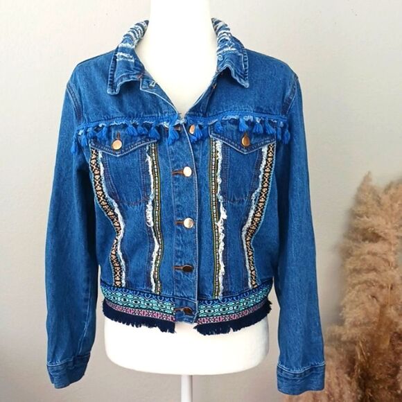 Denim land Paris Collection Women's boho fringe button-up Jean jacket sz large - Picture 1 of 14